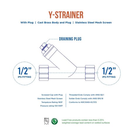 Everflow FIP Y-Strainer with Stainless Steel Mesh Screen, Cast Brass Filter Valve 1/2" 100T012-NL